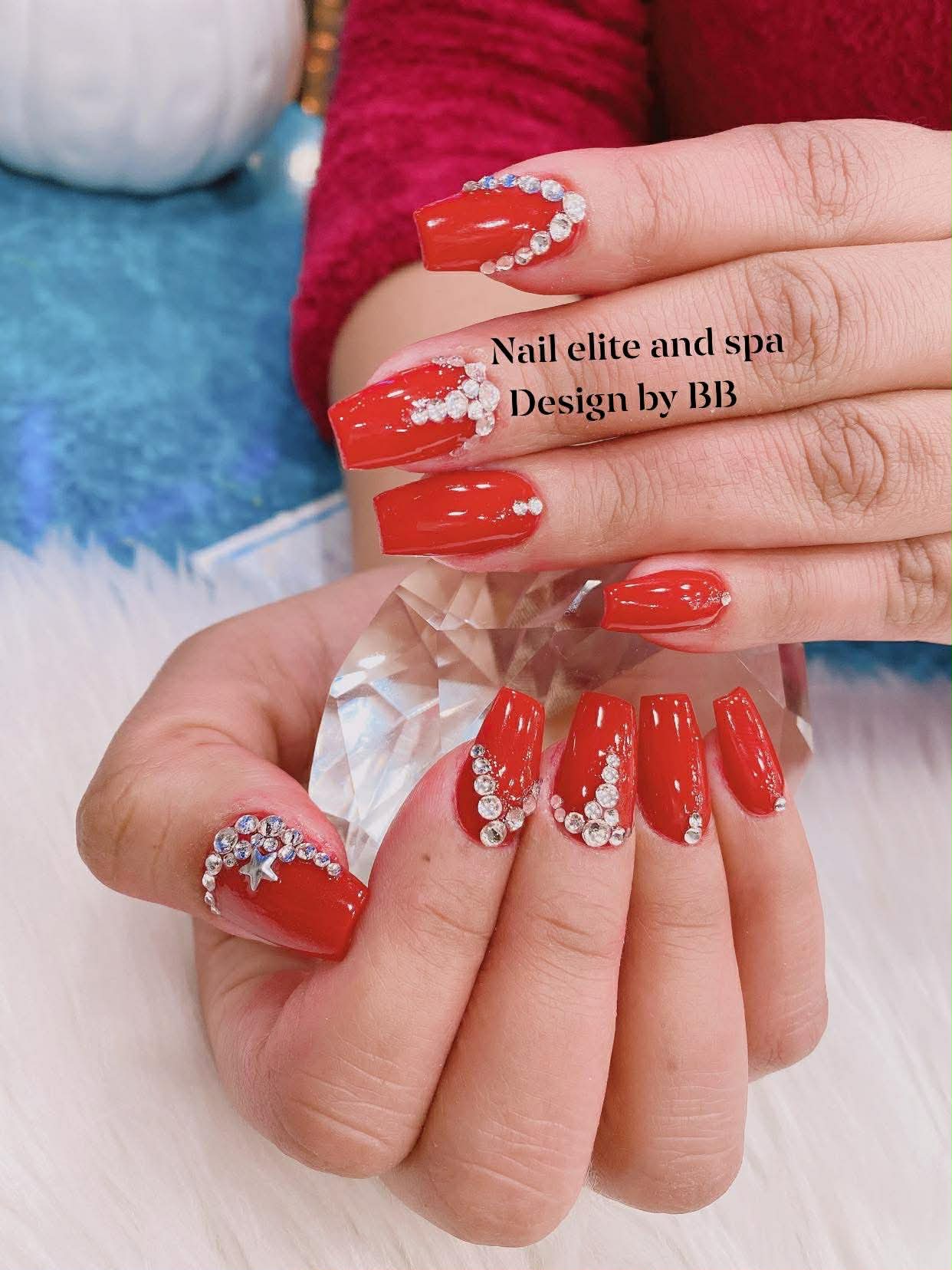 Red coffin nails with rhinestones — BCD Nails & Spa, North Chesterfield VA